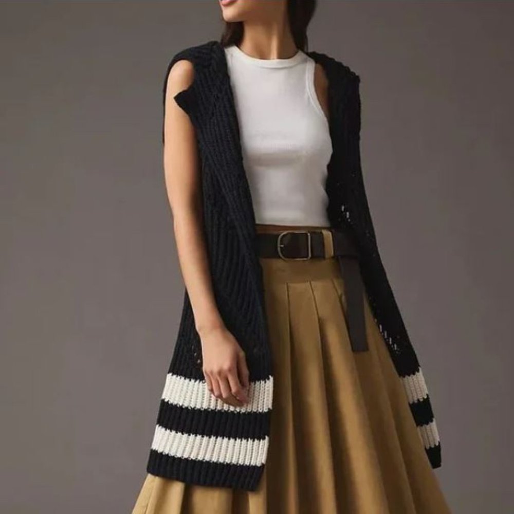 Anthropologie Maeve Cardigan NWT Sleeveless Black White Duster XS/S - Picture 3 of 13